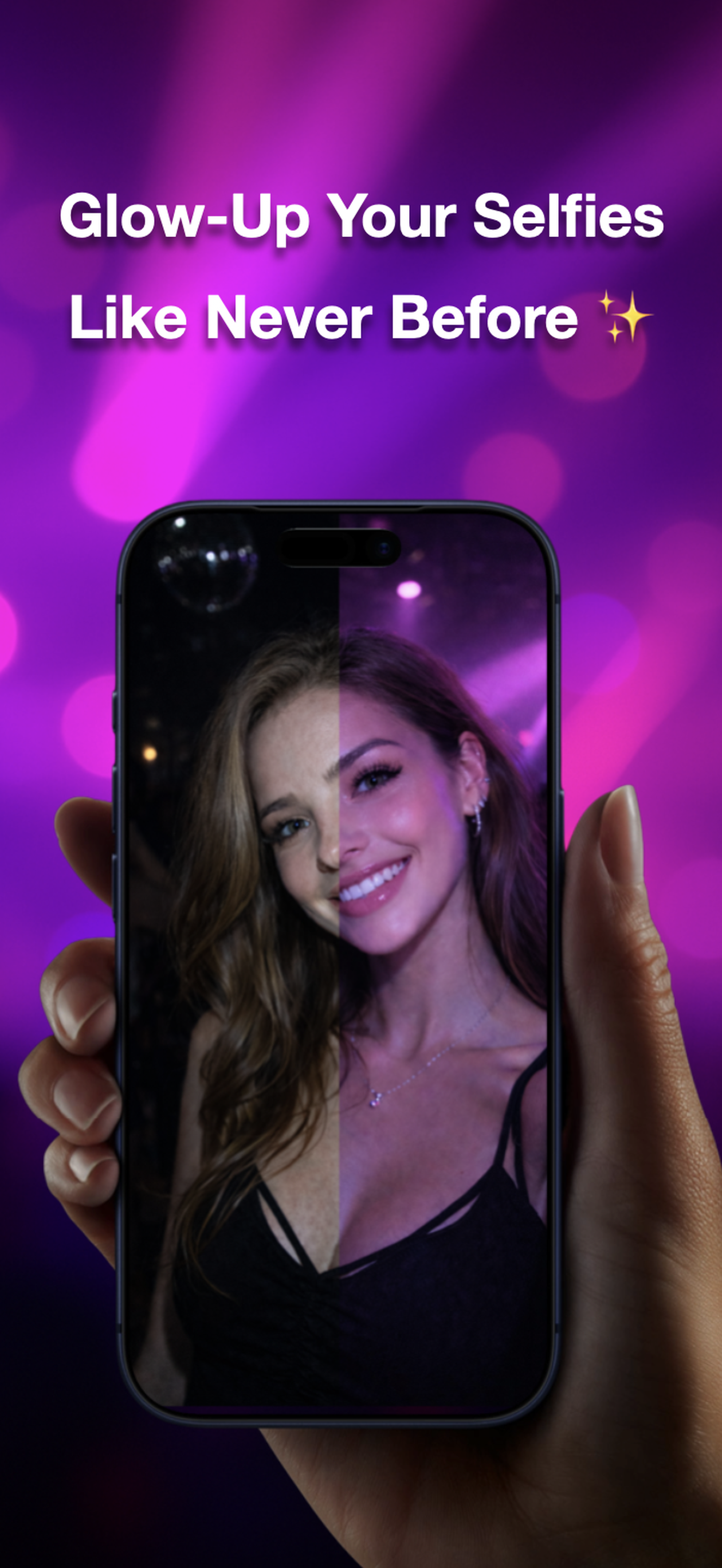 AuraCam beauty selfie screenshot 3 — screen-lit glow effect